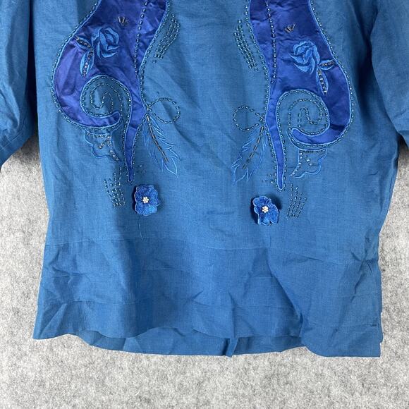 Vintage Bellino Paris Mode Top Womens 14 Blue Ramie Embroidered Beaded Applique - Picture 3 of 14